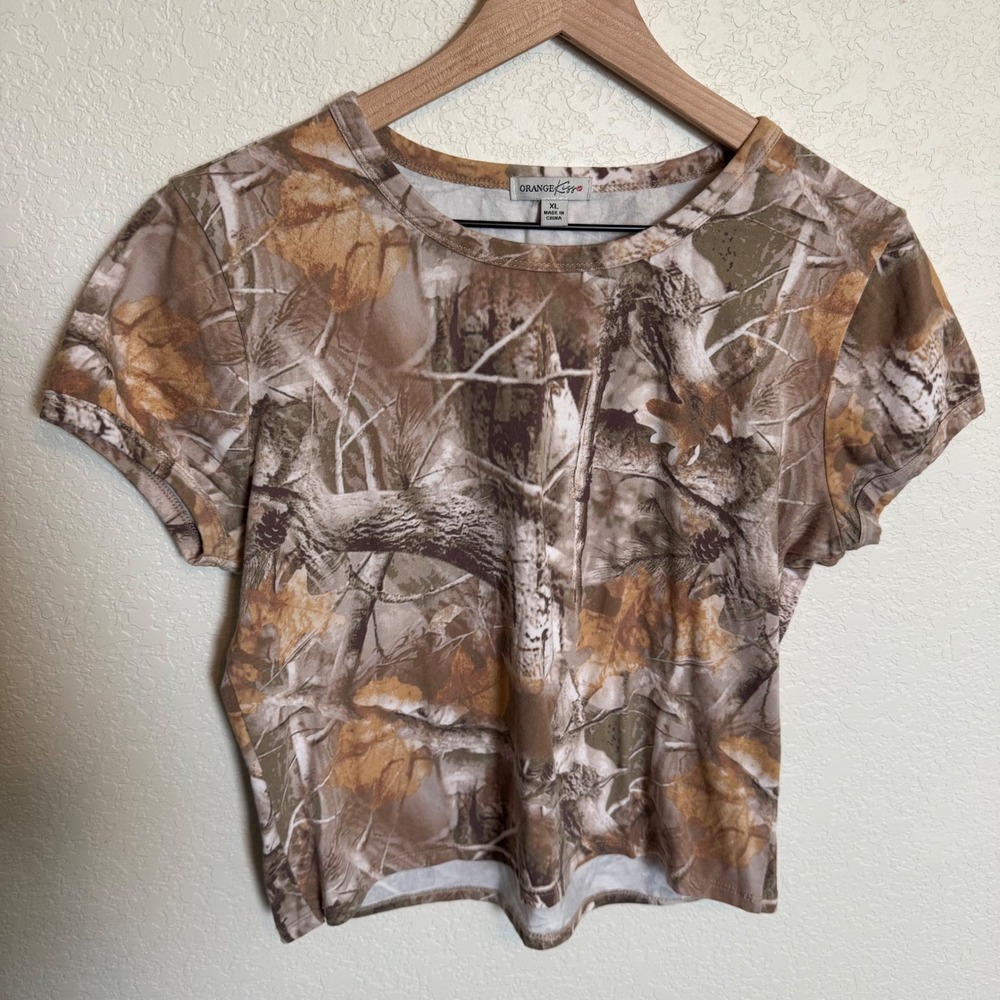 Y2K style Streetwear Orange Kiss Arctic Camo Baby Tee Brown‎ XL